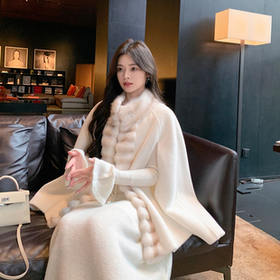 ByYou 龙猫毛领白色仿水貂毛环保皮草披肩外套女加厚斗篷大衣 冬季