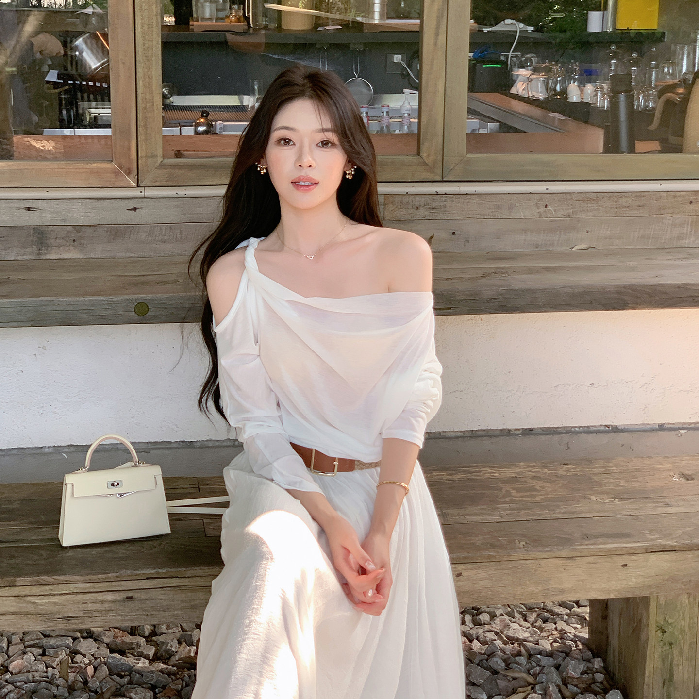 ByYou松弛感蝙蝠袖露肩白色针织衫套装女夏显瘦a字半身长裙两件套