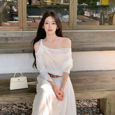 ByYou松弛感蝙蝠袖露肩白色针织衫套装女夏显瘦a字半身长裙两件套