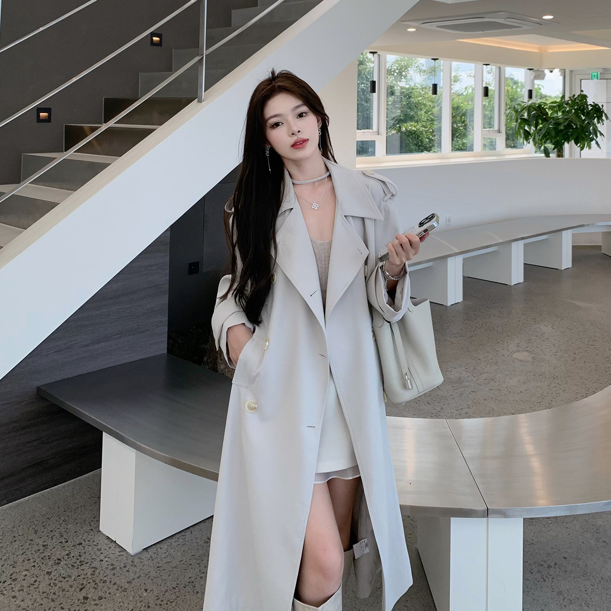 ByYou 秋冬新款垂感灰白色双排扣风衣外套女中长款高级感休闲大衣,女装/女士精品,风衣,淘宝优惠券,粉丝福利购,淘宝优惠卷