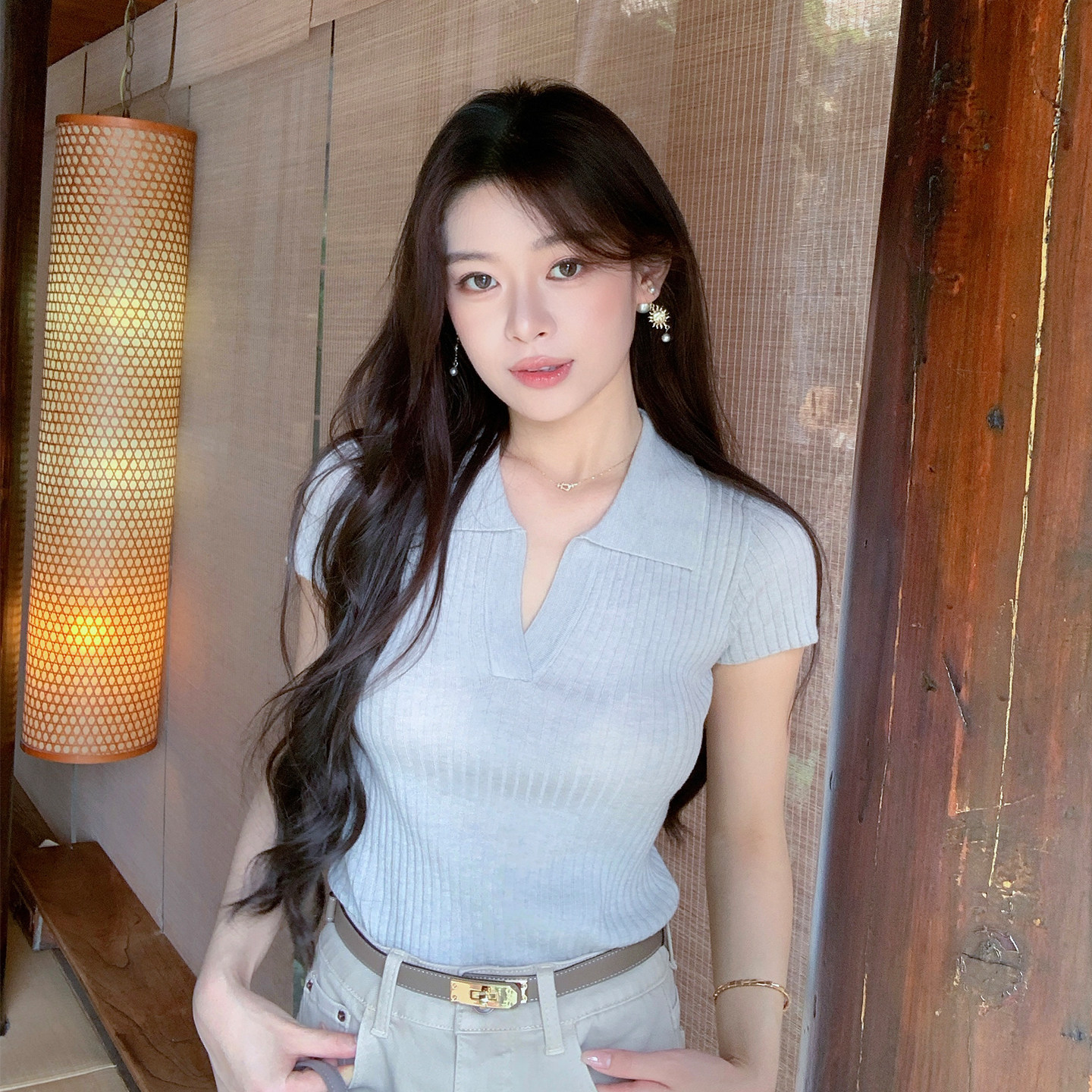 ByYou 夏季新款蓝色翻领短袖条纹羊毛针织衫女薄款v领T恤打底上衣图片