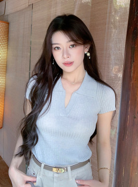ByYou 夏季新款蓝色翻领短袖条纹羊毛针织衫女薄款v领T恤打底上衣