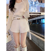外穿靴裤 ByYou 白色加厚羊毛毛呢短裤 女高腰阔腿a字热裤 冬季 新款