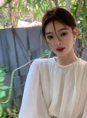 ByYou 夏季新款法式扭结圆领白色雪纺衫上衣女气质灯笼袖宽松衬衣