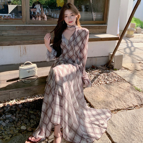 ByYou 夏季雪纺格子衬衫外套套装女内搭背心不规则半身长裙三件套