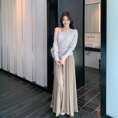 ByYou 秋季新款斜肩天丝羊毛打底衫女薄款蝙蝠袖单肩露肩内搭上衣