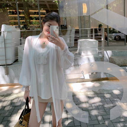 ByYou 秋季白色蕾丝花边V领雪纺衬衫女宽松慵懒风灯笼袖飘带衬衣