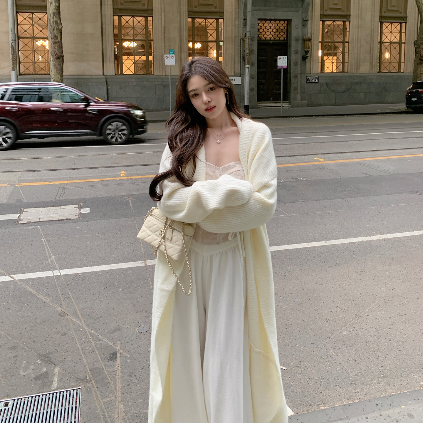 ByYou 冬季白色软糯兔绒马海毛针织开衫外套女中长款加厚翻领大衣