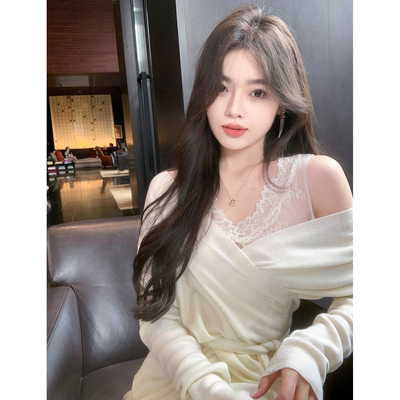 ByYou 冬季白色羊绒v领针织打底衫上衣套装女蕾丝吊带内搭两件套