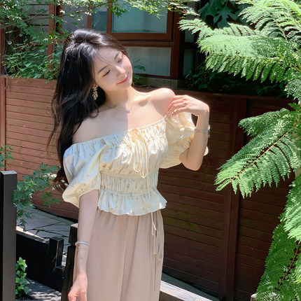 ByYou 夏季鹅黄色泡泡袖一字肩天丝雪纺衫女修身显瘦短款别致上衣