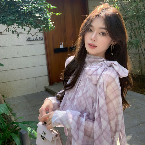 ByYou 夏季新款紫色灯笼袖碎花雪纺衬衫两件套装女不规则半身长裙