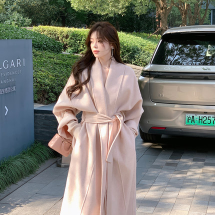 ByYou 冬季高端澳洲羊毛中长款粉色双面呢大衣女收腰气质毛呢外套