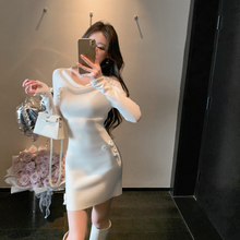 ByYou 秋冬白色马海毛荡领内搭针织连衣裙短款羊毛包臀打底毛衣裙