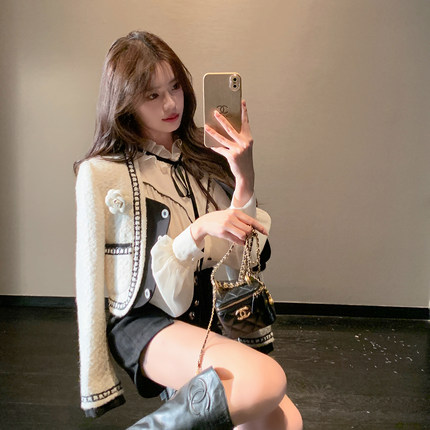 ByYou 新款高端名媛黑白拼接假两件小香风毛呢外套女法式短款上衣