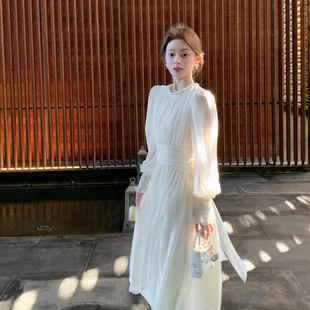 绝美长袖 新款 露背白色雪纺连衣裙收腰大摆长裙仙女裙子 夏季 ByYou