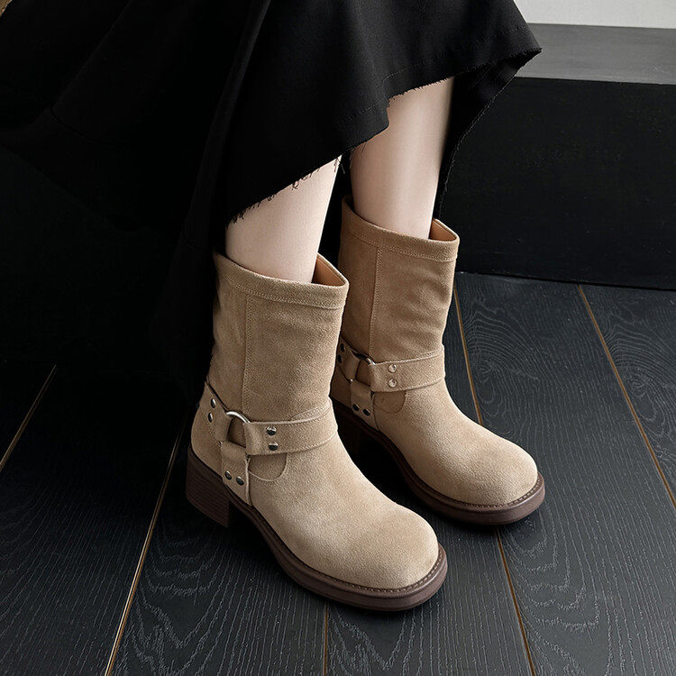 2024新质感很绝～！圆头粗跟真皮短筒马丁靴女厚底机车短靴