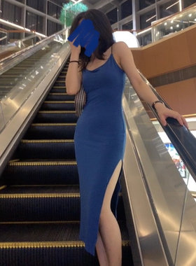 DMJ 欧美风性感修身显瘦细肩带高开叉中长裙包臀黑色吊带连衣裙