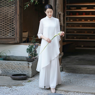 中式改良飘逸禅意茶服仙气披肩春夏女装中国风禅修班服雪纺上衣