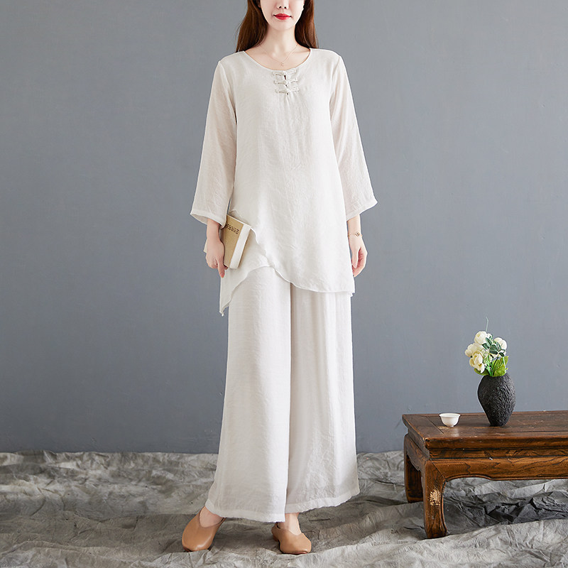 禅舞服装女套装中国风禅意仙女飘逸白色茶服禅服大码两件套