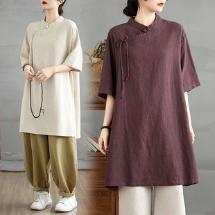 夏季服女士薄款短袖佛系禅意棉麻素衣套装中式禅修服