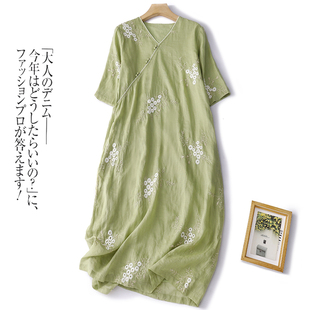 棉麻裙子 新款 文艺V领刺绣棉麻新中式 改良旗袍棉麻夏季