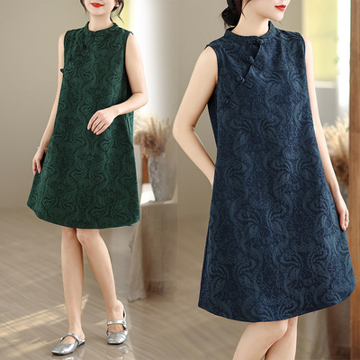 实拍复古中式改良旗袍麻棉提花文艺宽松连衣裙女