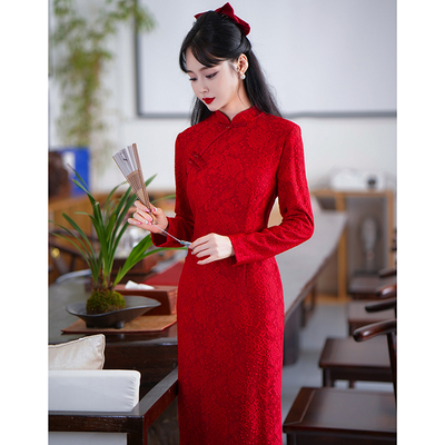 2025新款改良复古敬酒服新娘长袖红色订婚新中式结婚连衣裙女
