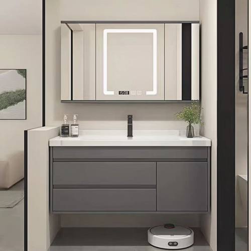 风水镜实木岩板无缝一体盆浴室柜