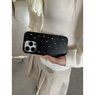 15苹果14 老钱风黑色简约珠珠高级皮质韩国ins博主小众设计适用于iphone17promax 13手机壳保护套 play
