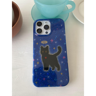 16promax LOG蓝色星空黑猫咪少女复古春夏韩国ins风小众适用于iphone17 14苹果13手机壳保护套 play