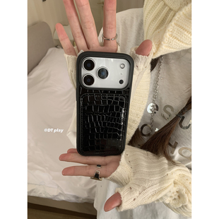 DT play 黑色简约鳄鱼纹皮质卡包老钱风韩国ins博主小众设计适用iphone17promax/16/15苹果14/13手机壳保护套