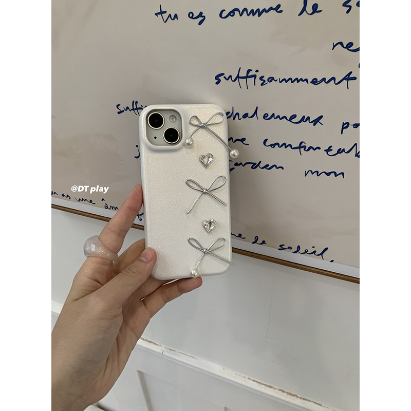 DT play 珠光白色蝴蝶结爱心少女气质质感韩国ins风小众博主适用于iphone16promax/15/14苹果13手机壳保护套