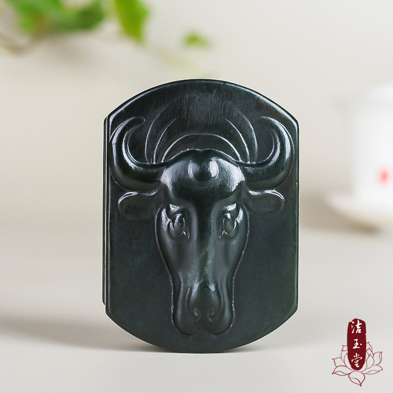 和田玉青玉牛头皮带扣 玉石腰扣男款玉扣玉佩挂件精雕单层