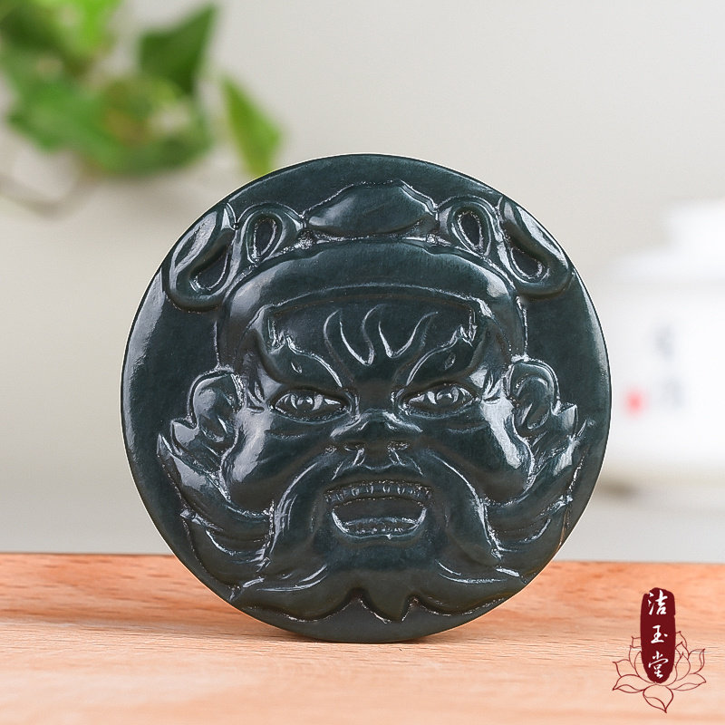 和田玉青玉钟馗皮带扣 玉石腰扣男款玉扣玉佩挂件圆形单层