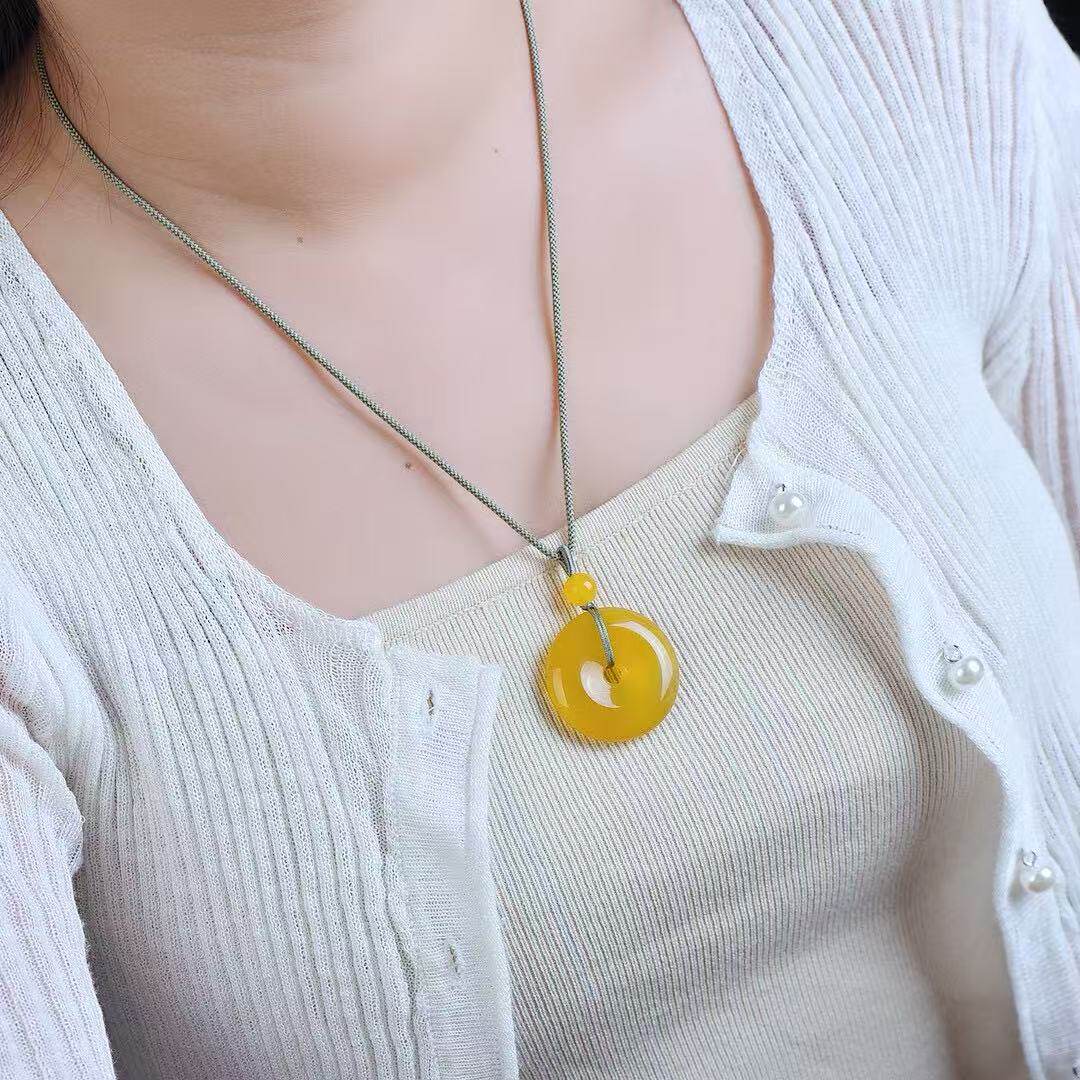 黄玉髓平安扣吊坠 玉石平安扣项链巴西30mm玛瑙平安扣挂饰