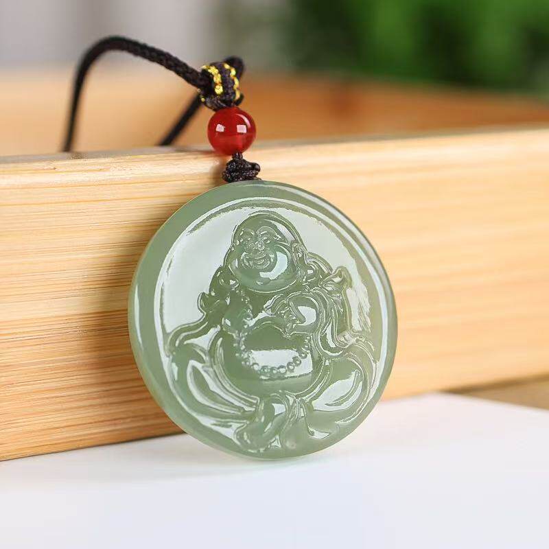 和田玉青玉佛公吊坠男女圆形弥勒佛挂件六字箴言笑佛玉坠玉佩