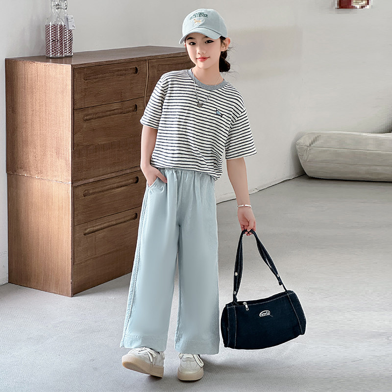 女童夏装套装2025新款洋气初中生中大童韩版条纹女孩夏季网红潮衣