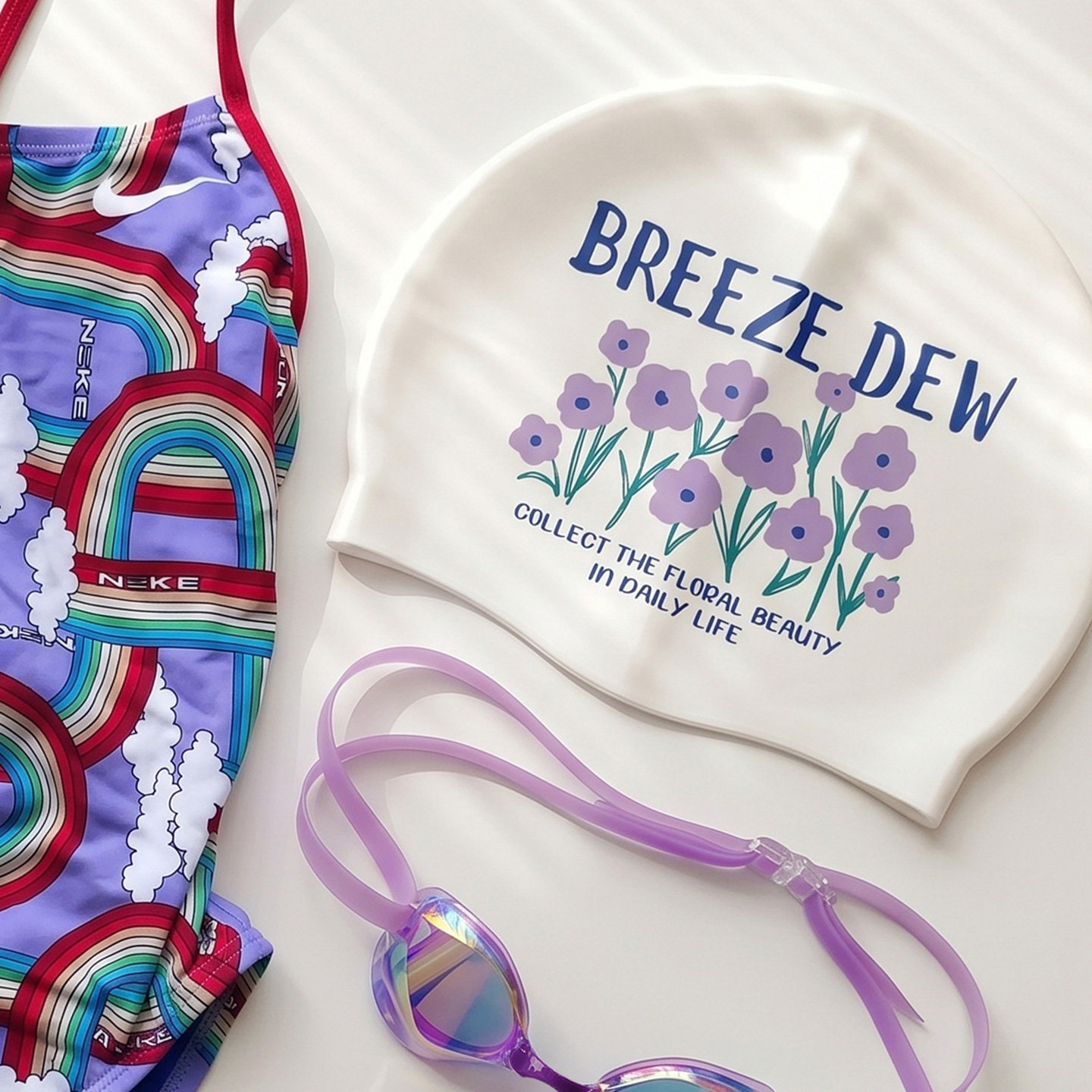 BreezeDew紫色花丛泳帽 大头围小头长发加大成人紫色硅胶泳帽加厚