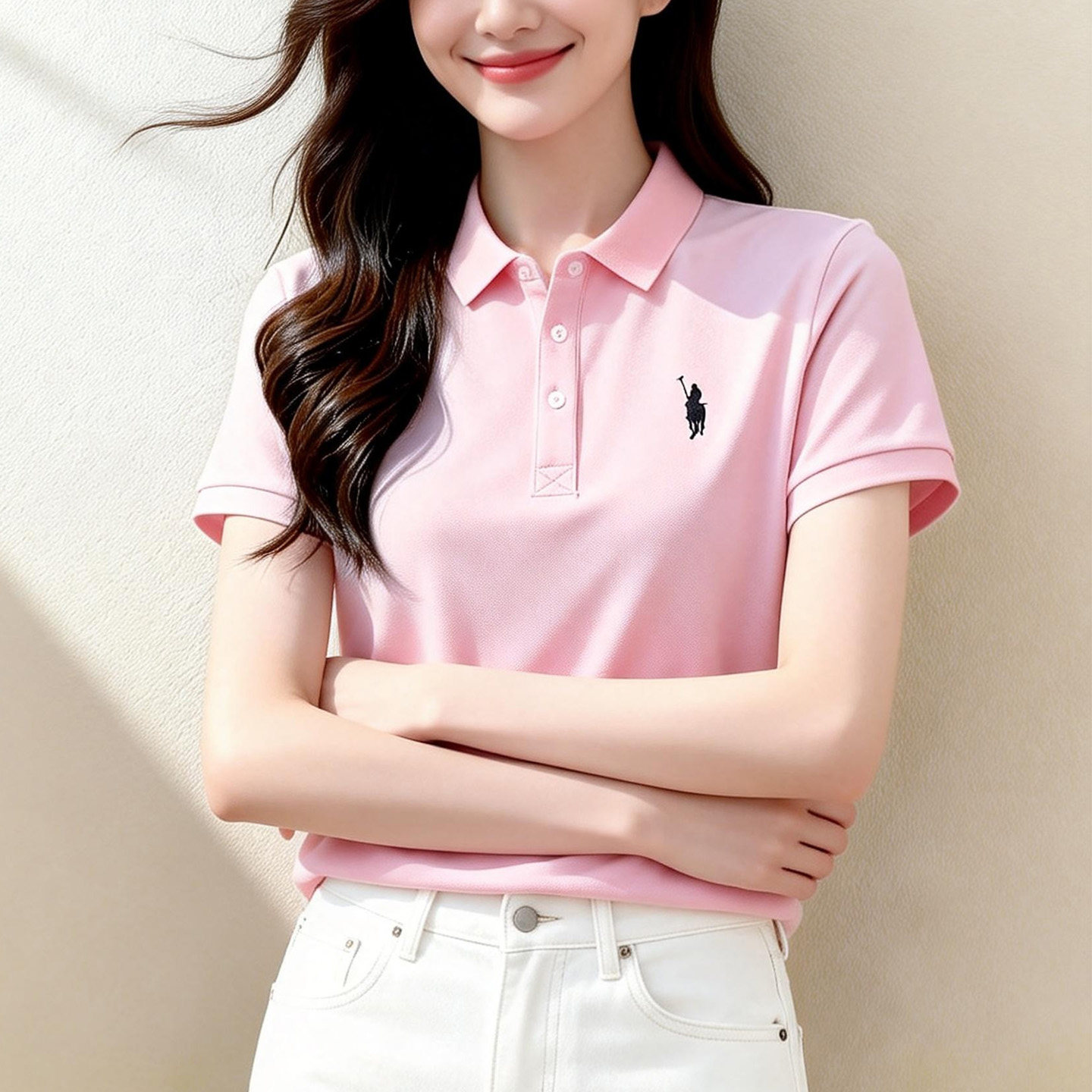 2026夏季新款POLO衫女短袖 百搭宽松翻领商务休闲日常马标刺绣t恤