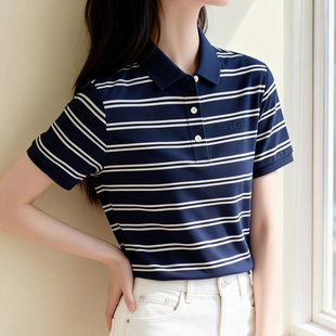 正肩条纹翻领POLO衫 日常纯棉刺绣T恤百搭休闲风休闲上衣 女短袖