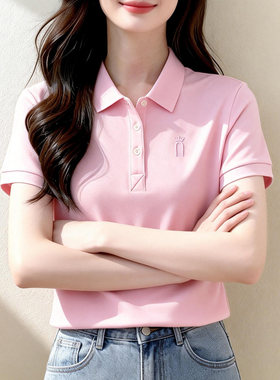 夏季纯棉翻领宽松短袖POLO衫女