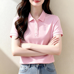 2026新款夏季翻领简约POLO衫女翻领短袖 粉色纯色日常有领t恤女