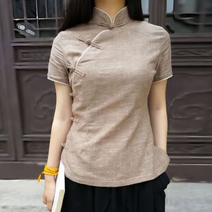 夏季新款中式女装复古文艺手工盘扣条纹传统旗袍修身短上衣汉元素