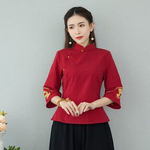 2023年复古春季中袖立领 修身绣花茶服 耳艺工作服上衣旗袍款女装
