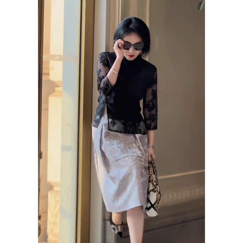 高端妈妈黑色拼接衬衫小衫薄