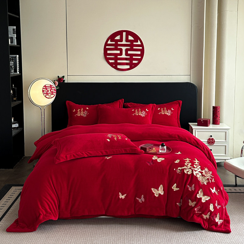新款结婚喜庆牛奶绒四件套婚庆刺绣保暖红色高级感被套床单床品