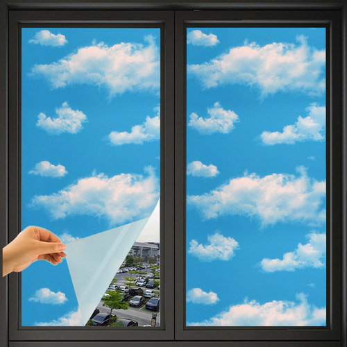 蓝天白云窗户贴纸防水浴室