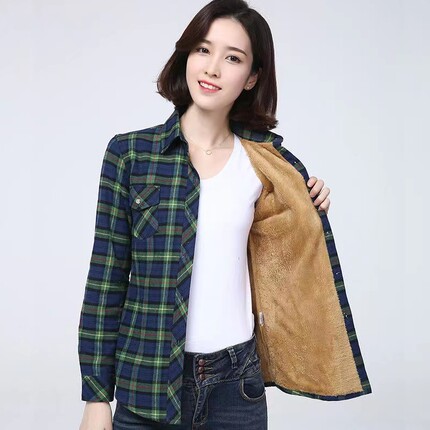 秋冬新款纯棉磨毛保暖格子衬衫女长袖加绒加厚修身女装上衣服外套
