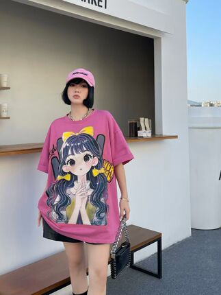 European Trendy Brand Heavy-Duty Cartoon Girl Round-Neck Short-Sleeve T-Shirt Loose Trendy Women's Summer New Style