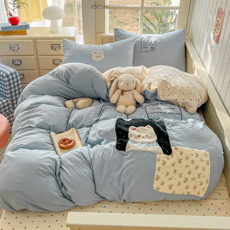 可爱卡通贴布绣花四件套纯棉全棉感床上用品床单被套三件套床笠